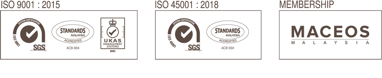 ISO 14001:2015, ISO 45001:2018, ISO 9001:2015 certifications and MACEOS membership